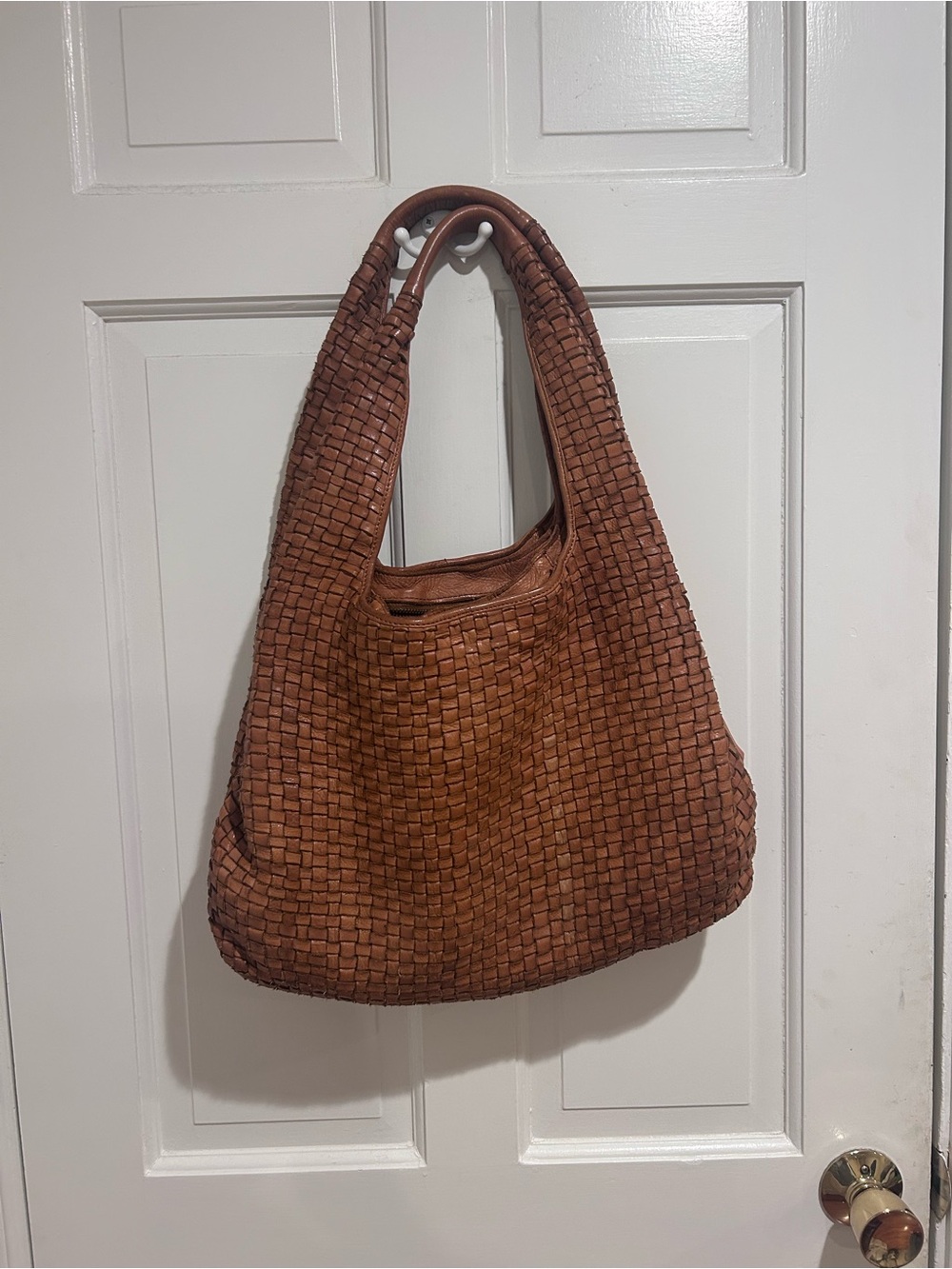 Woven Leather Shoulder Hobo Bag in Brown
